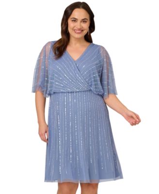 Plus Size Surplice-Neck Beaded Short Dress