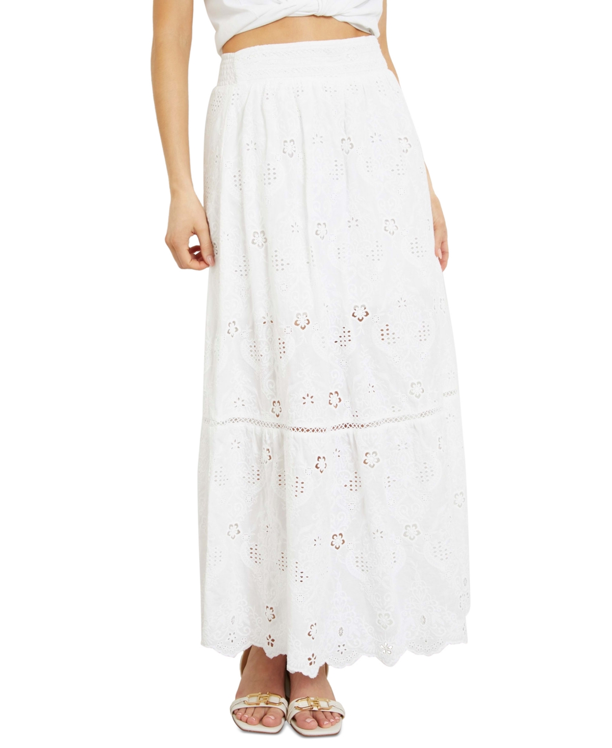 Shop Guess Women's Frida Pointelle Embroidered Pull-on Maxi Skirt In Pure White