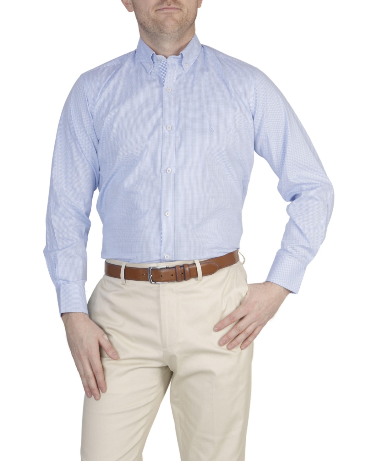 Men's Mini Gingham Cotton Stretch Long Sleeve Shirt - Pink