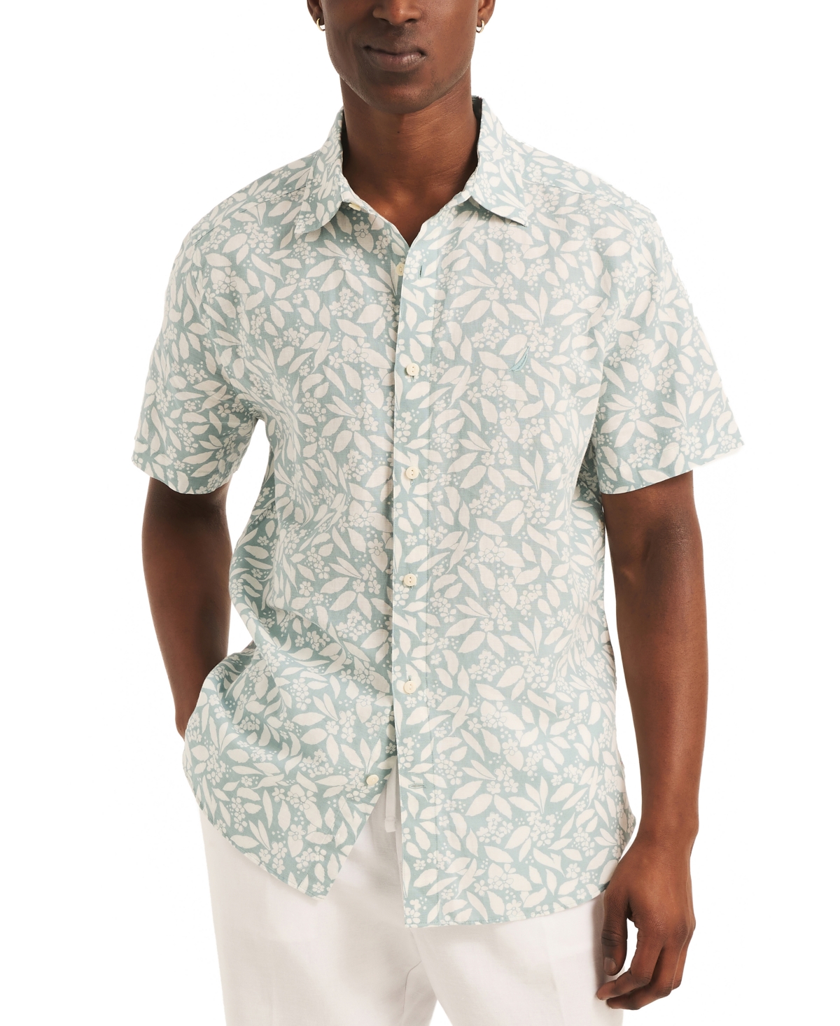 Men's Floral Print Short Sleeve Button-Front Shirt - Nile Blue