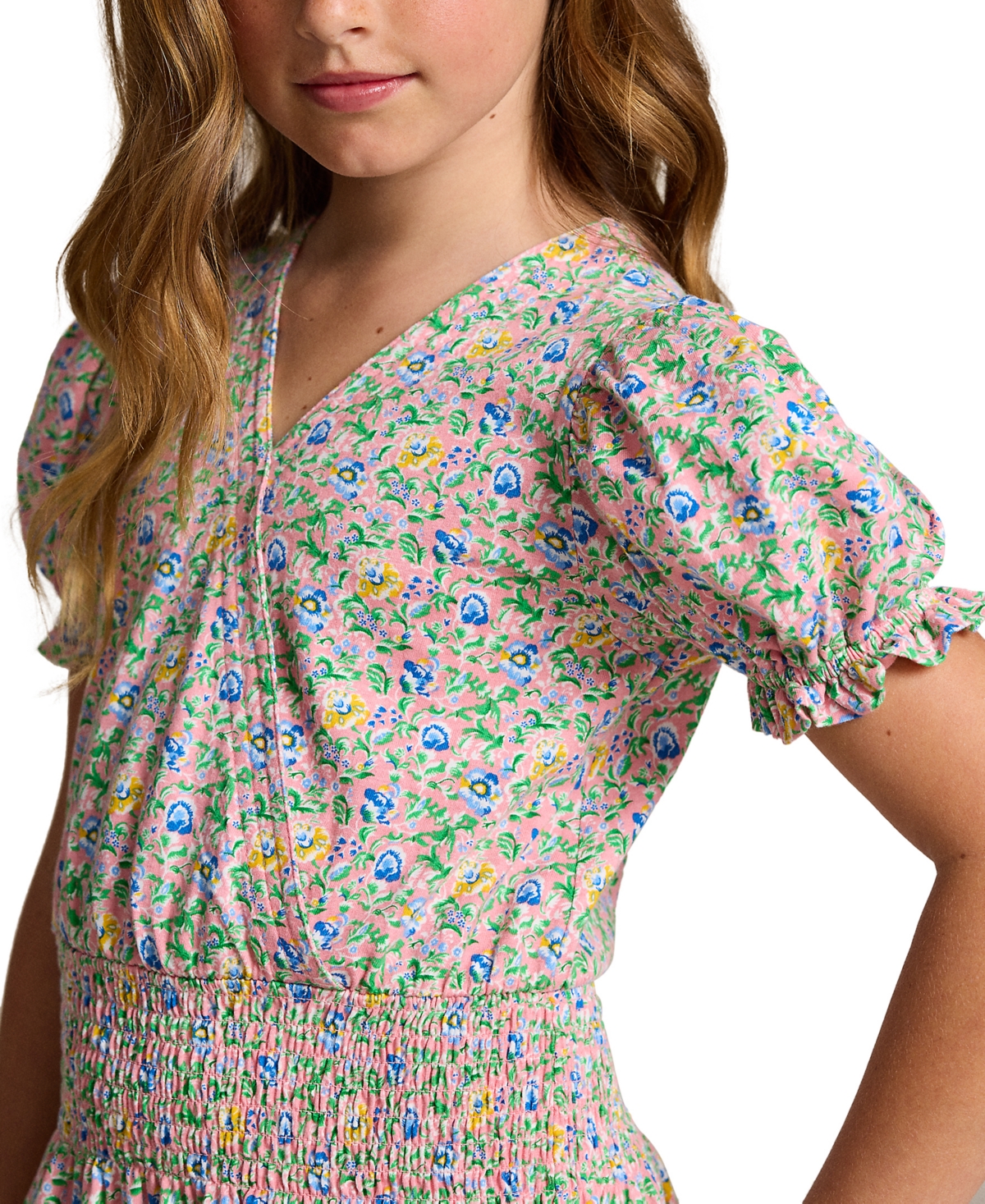Polo Ralph Lauren Big Girls Floral Faux-Wrap Cotton Jersey Dress - Vista Blue