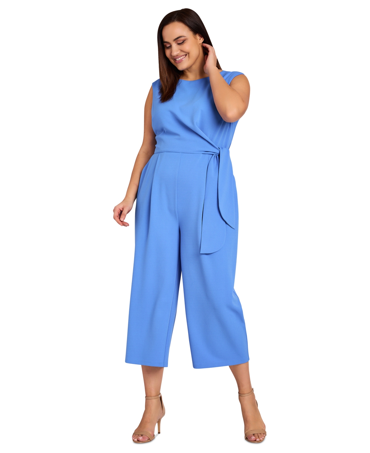 Shop Tahari Plus Size Scuba-crepe Cropped Tie-waist Jumpsuit In Summer Sky