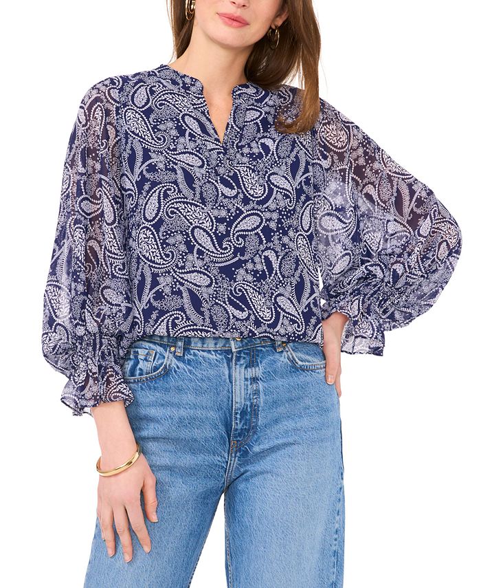 Vince Camuto Women's Split-Neck Smocked-Cuff Blouse - Macy's