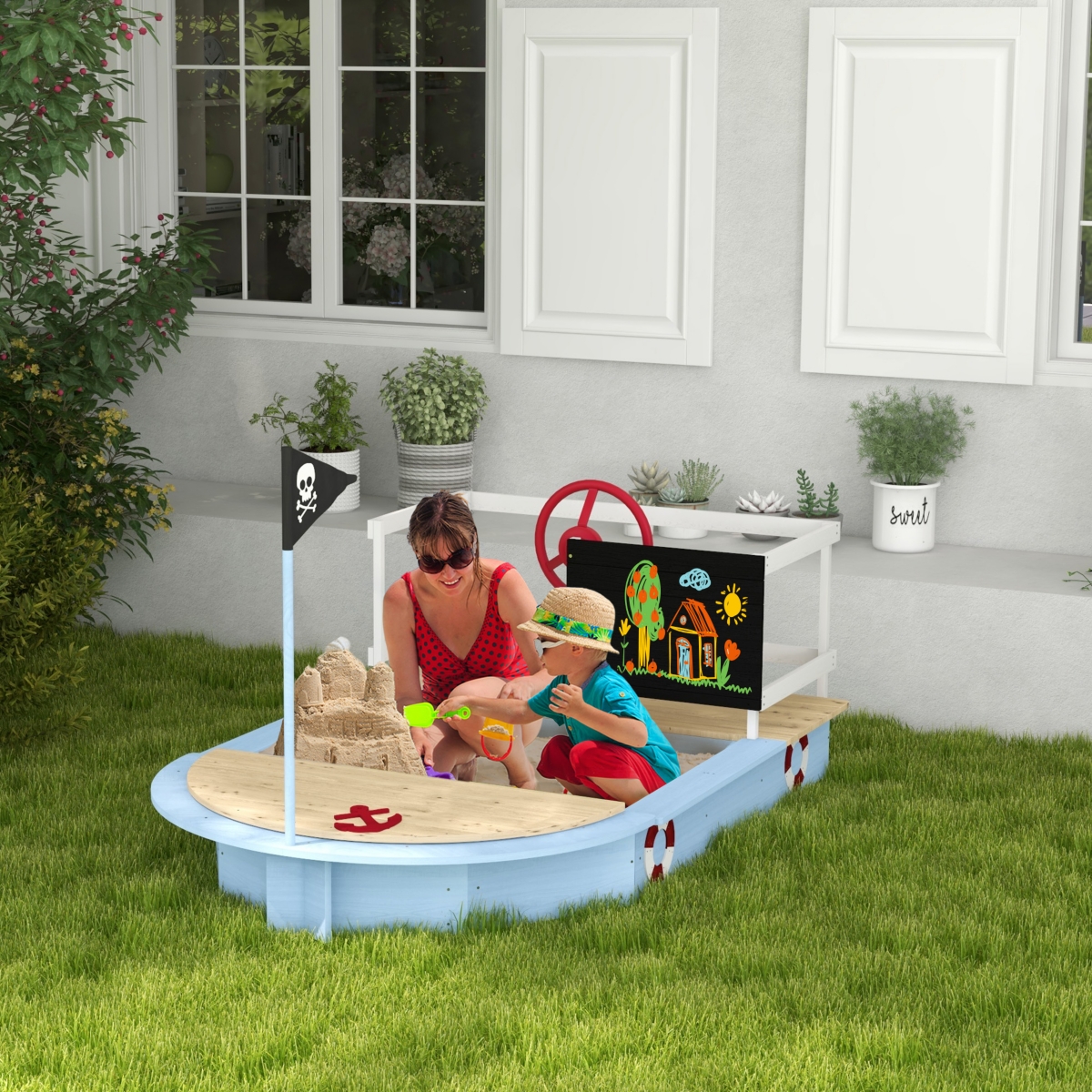 Outsunny Wooden Sandbox with Pirate Ship Design for 3-7 Years,- Blue