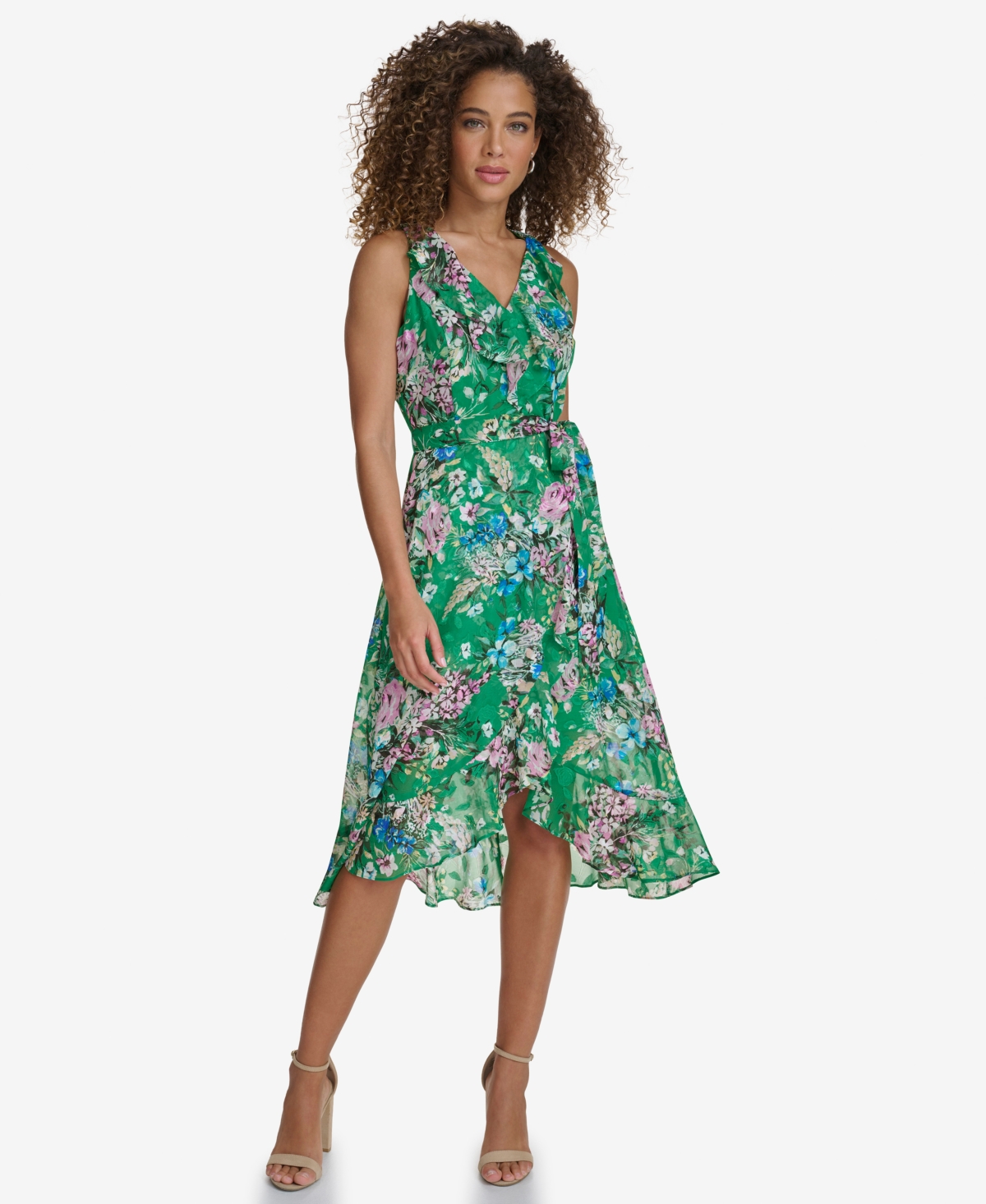 Shop Kensie Women's Floral-print Ruffled Sleeveless Midi Dress In Green Multi