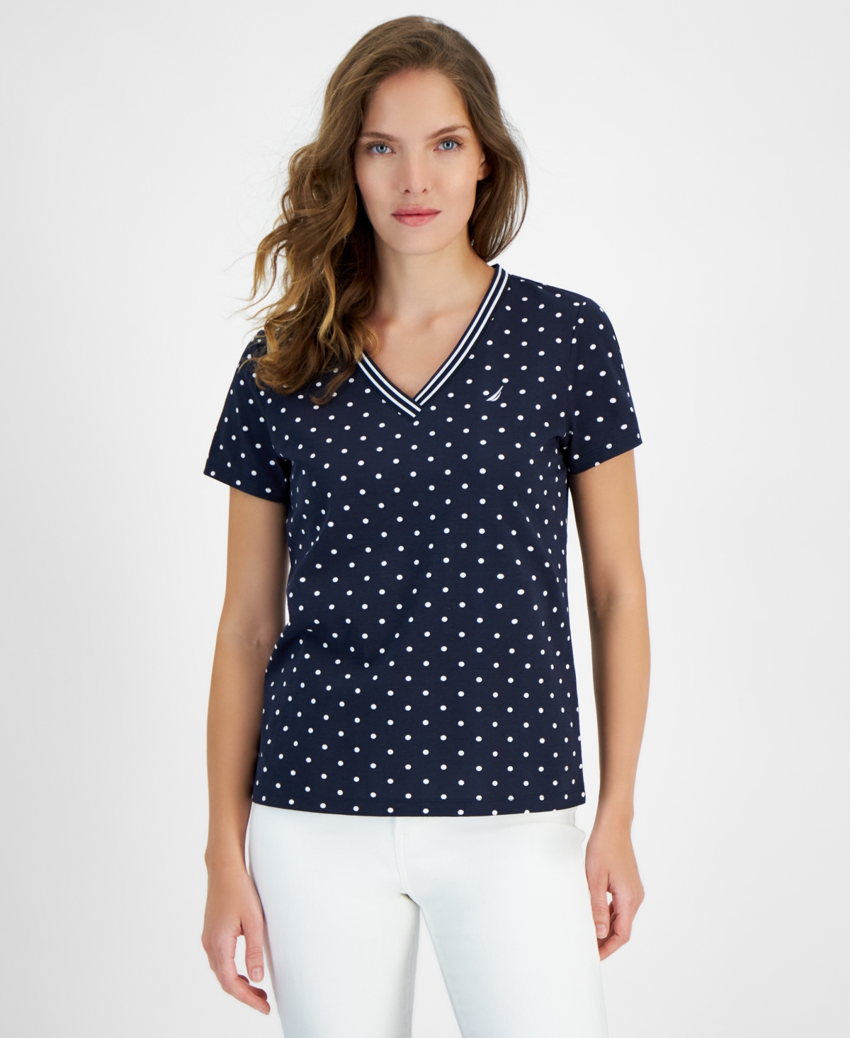 Women's Dot-Print V-Neck Short-Sleeve Top - Nigh Sky/b