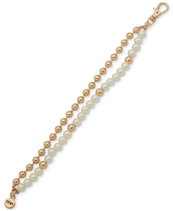 DKNY Gold-Tone Bead & Imitation Pearl Double-Row Flex Bracelet - Macy's