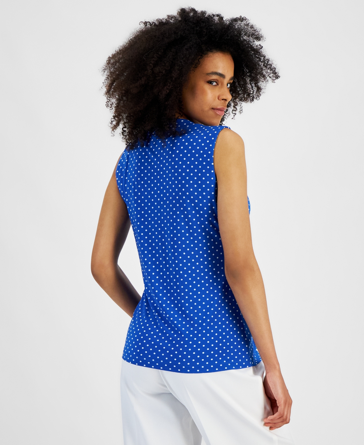 Ak Anne Klein Petite Polka Dot Sleeveless Twist-Front Top -Bright White