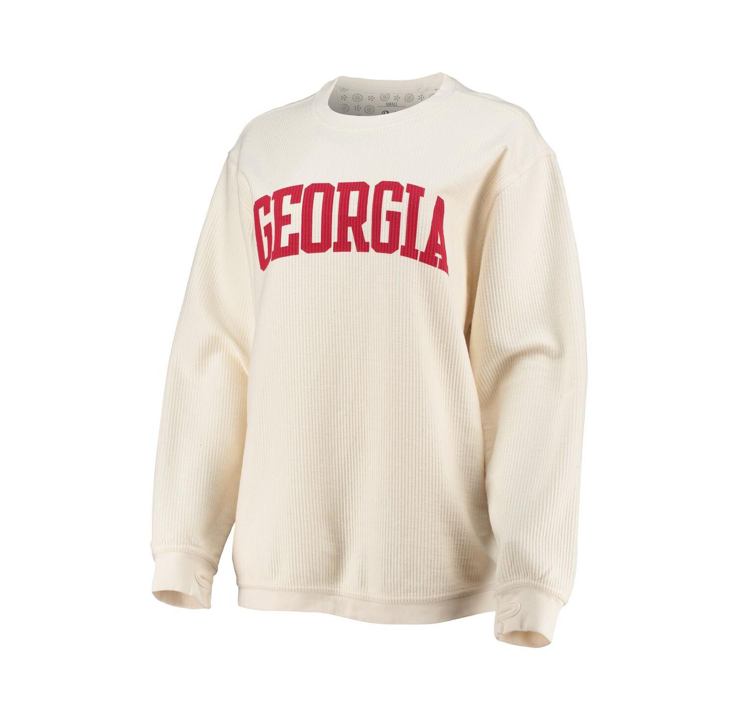 Women's White Distressed Georgia Bulldogs Comfy Cord Vintage-Like Wash Basic Arch Pullover Sweatshirt