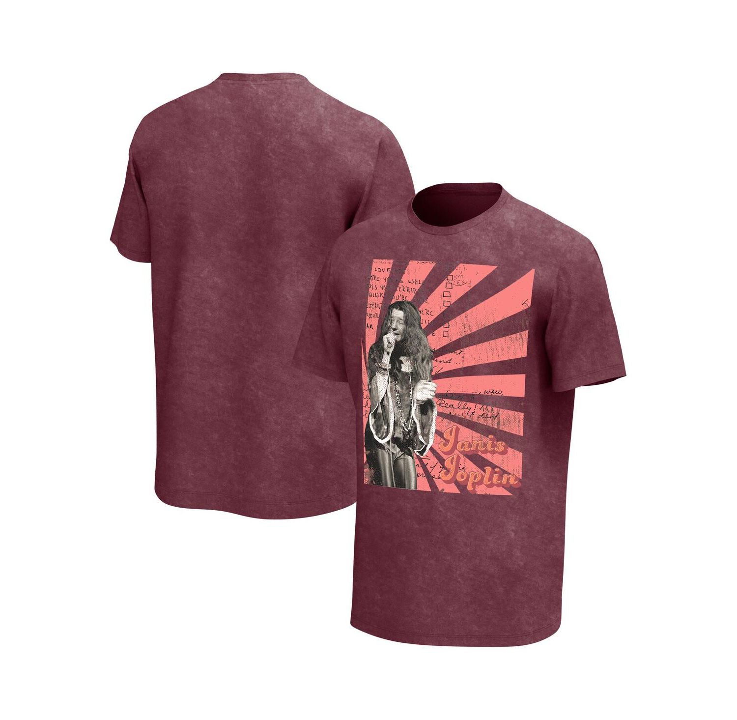 Men's Maroon Distressed Janis Joplin Scripts Washed Graphic T-shirt