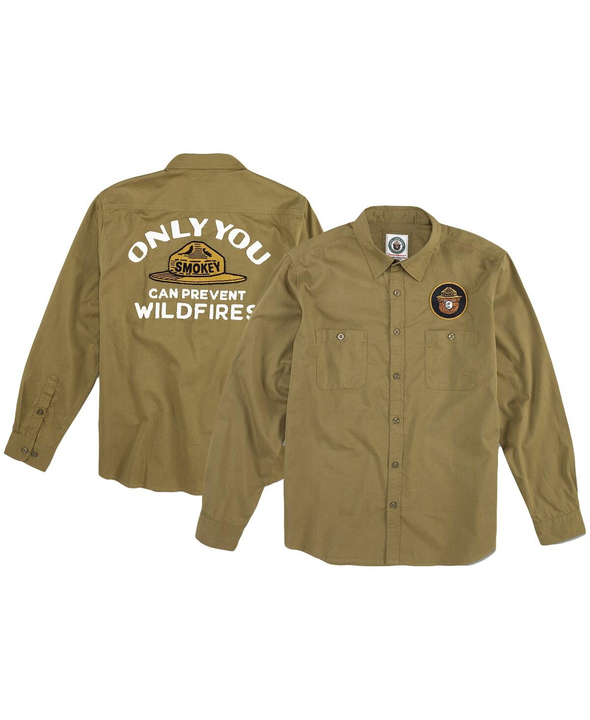 Men's American Needle Olive Distressed Smokey the Bear Daily Grind Button-Up Long Sleeve Shirt - Olive