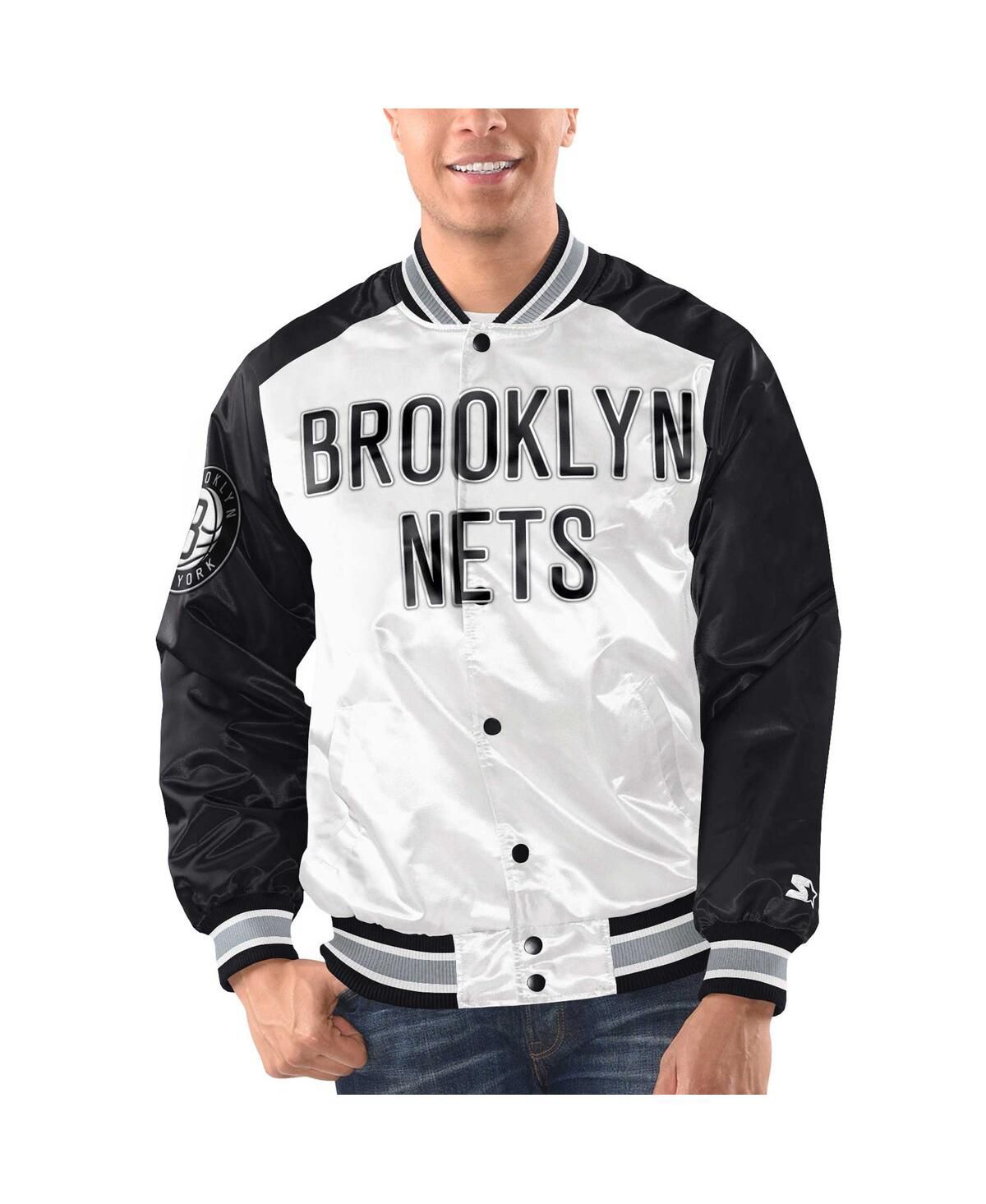 Мужская бело-черная университетская куртка Brooklyn Nets Renegade из атласа на полной застежке