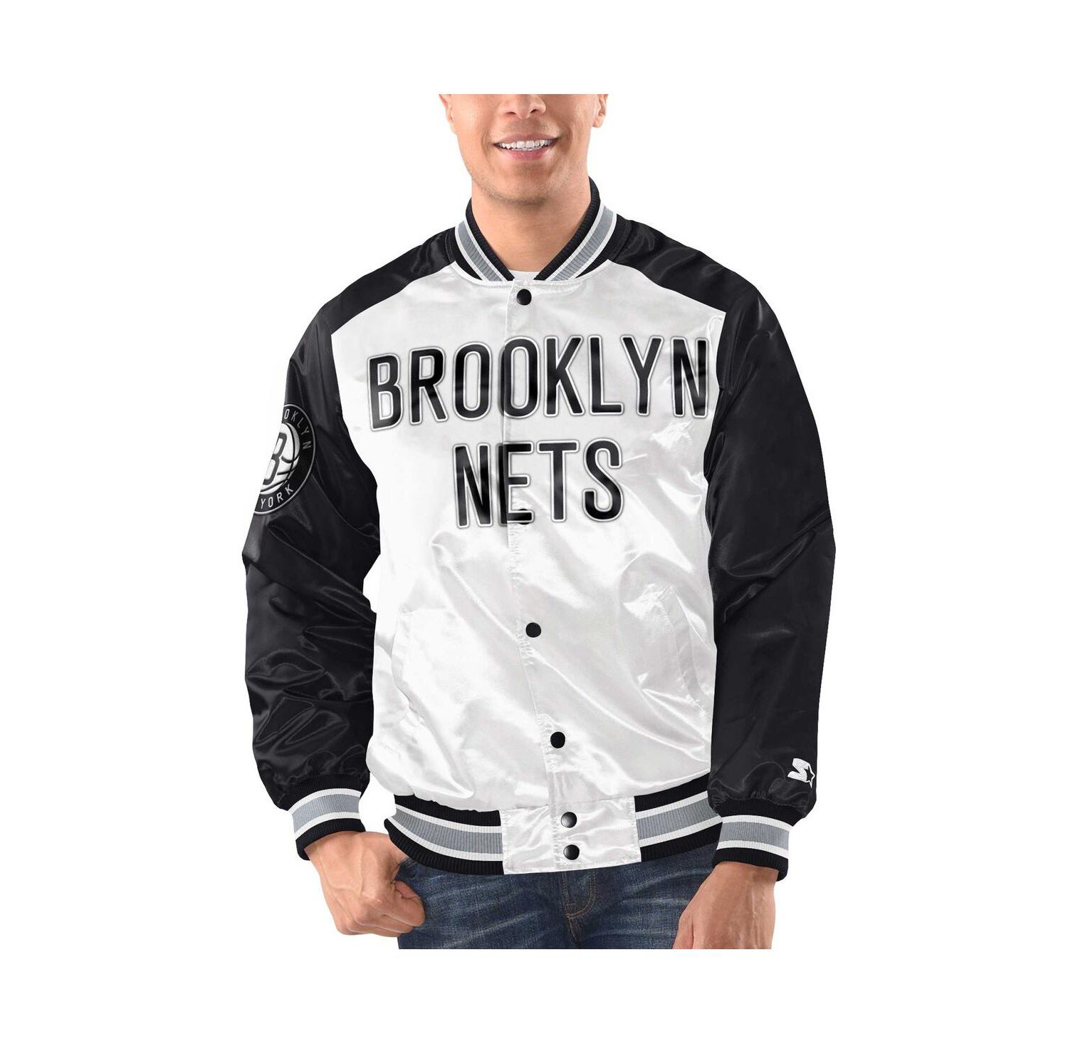 Men's White, Black Brooklyn Nets Renegade Satin Full-Snap Varsity Jacket