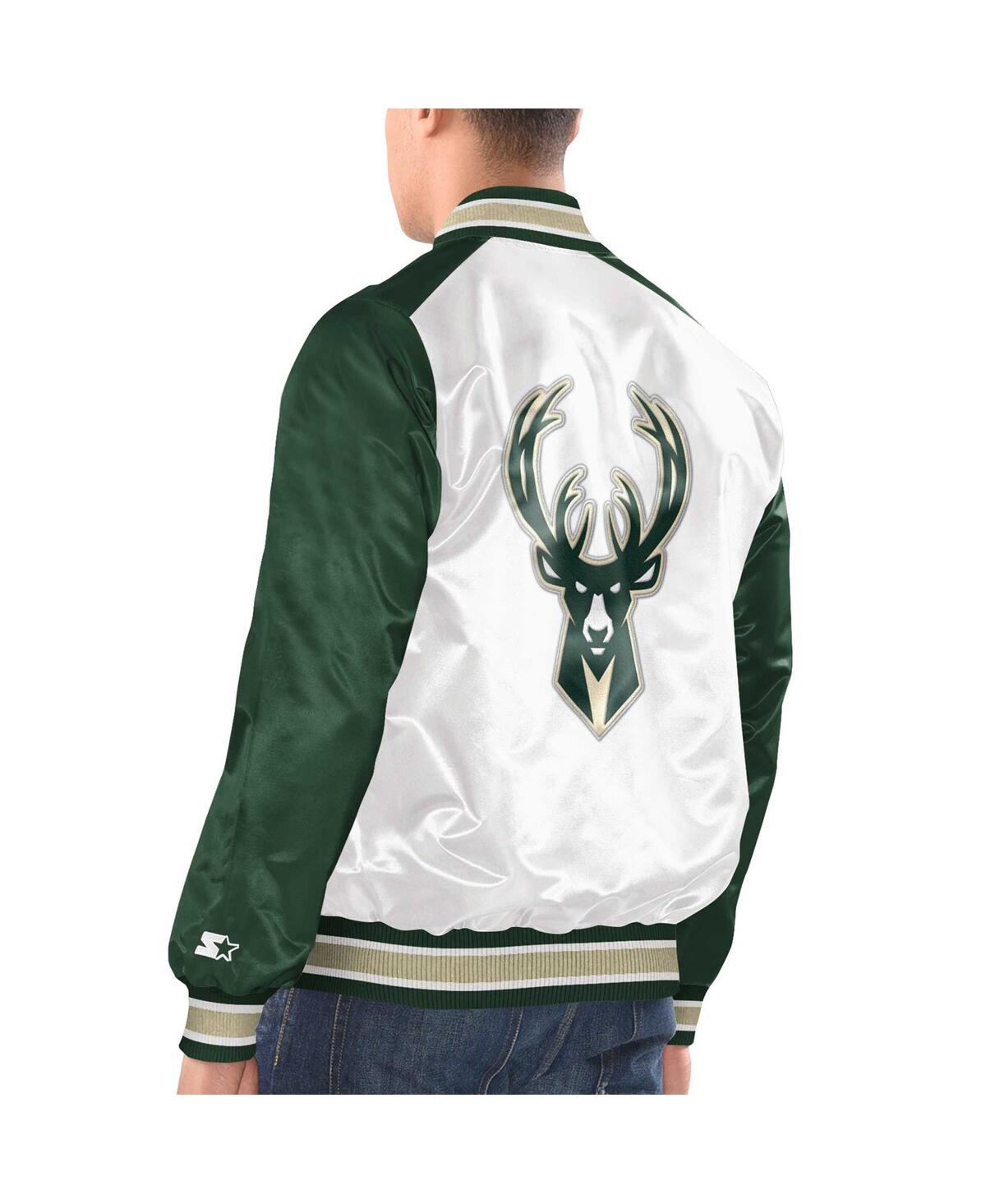 Starter Men's  White, Hunter Green Milwaukee Bucks Renegade Satin Full-snap Varsity Jacket In White,hunter Green
