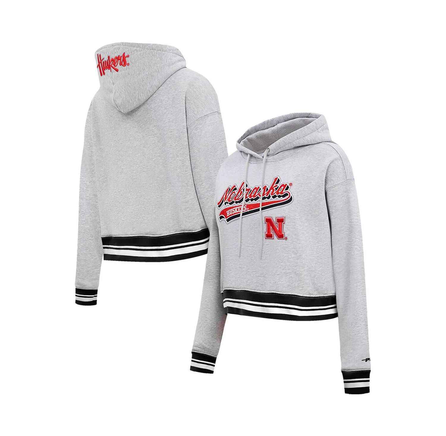 Women's Heather Gray Nebraska Huskers Script Tail Fleece Cropped Pullover Hoodie