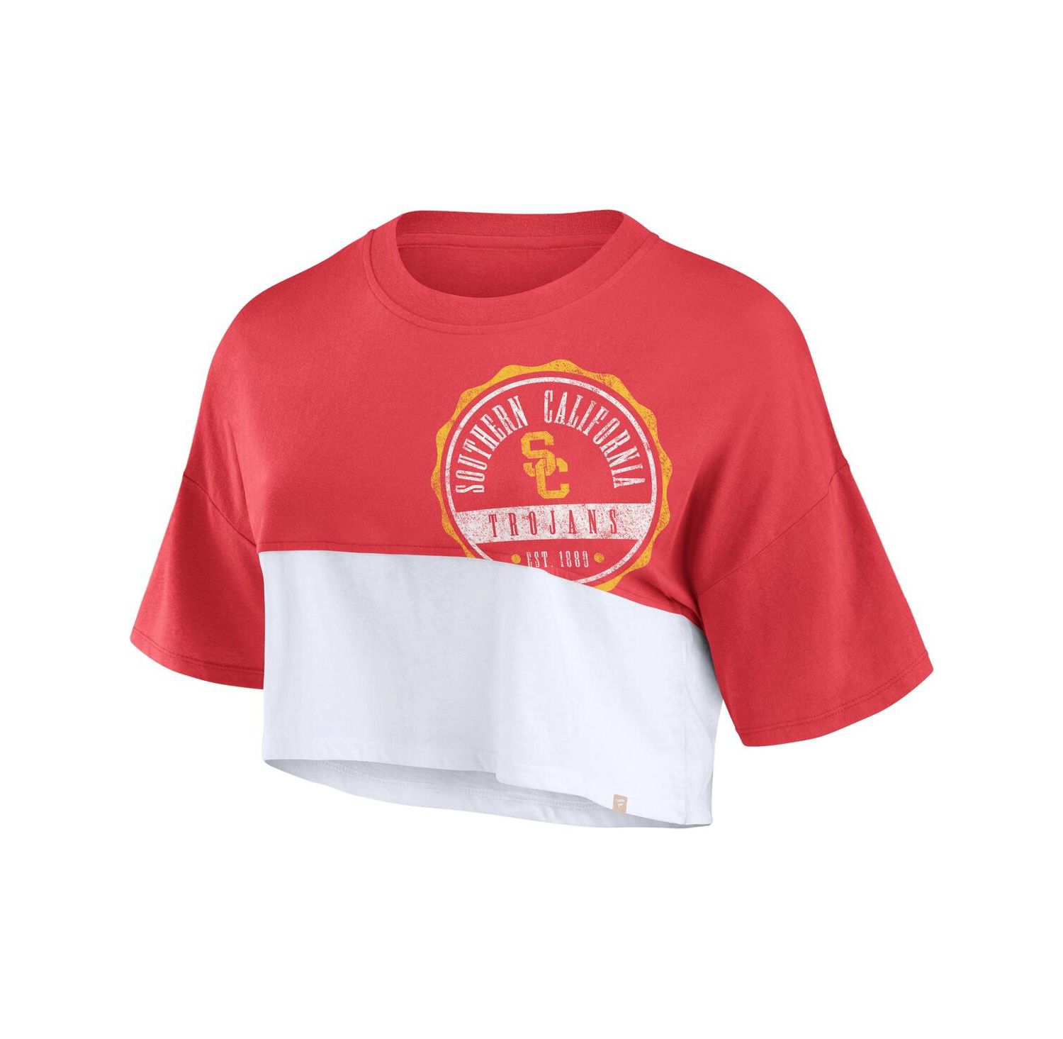 Women's Cardinal, White Distressed USC Trojans Oversized Badge Colorblock Cropped T-shirt