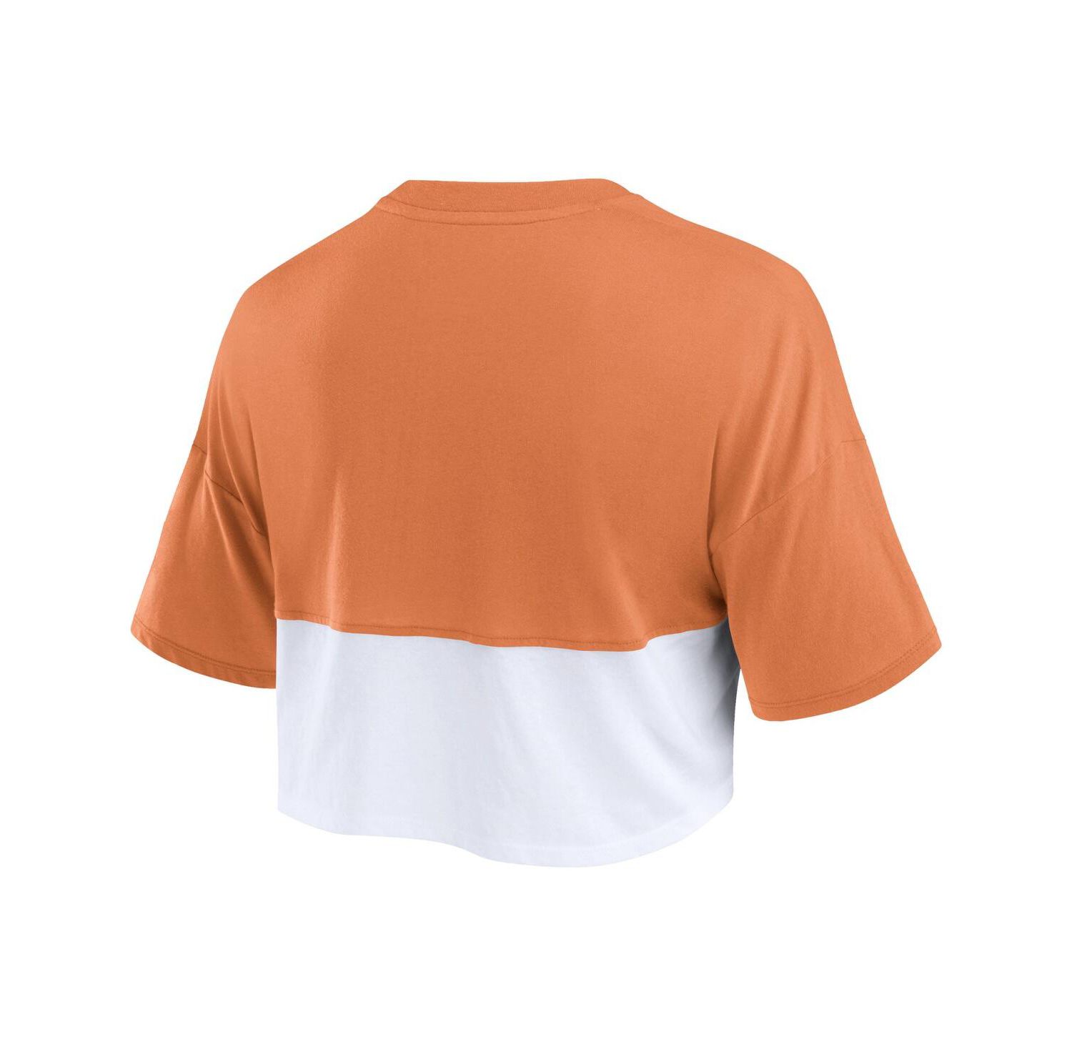 Women's Texas Orange, White Distressed Texas Longhorns Oversized Badge Colorblock Cropped T-shirt