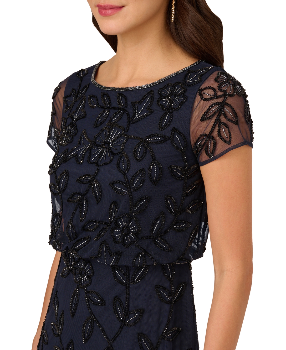Adrianna Papell Petite Floral Beaded Blouson Short-Sleeve Gown