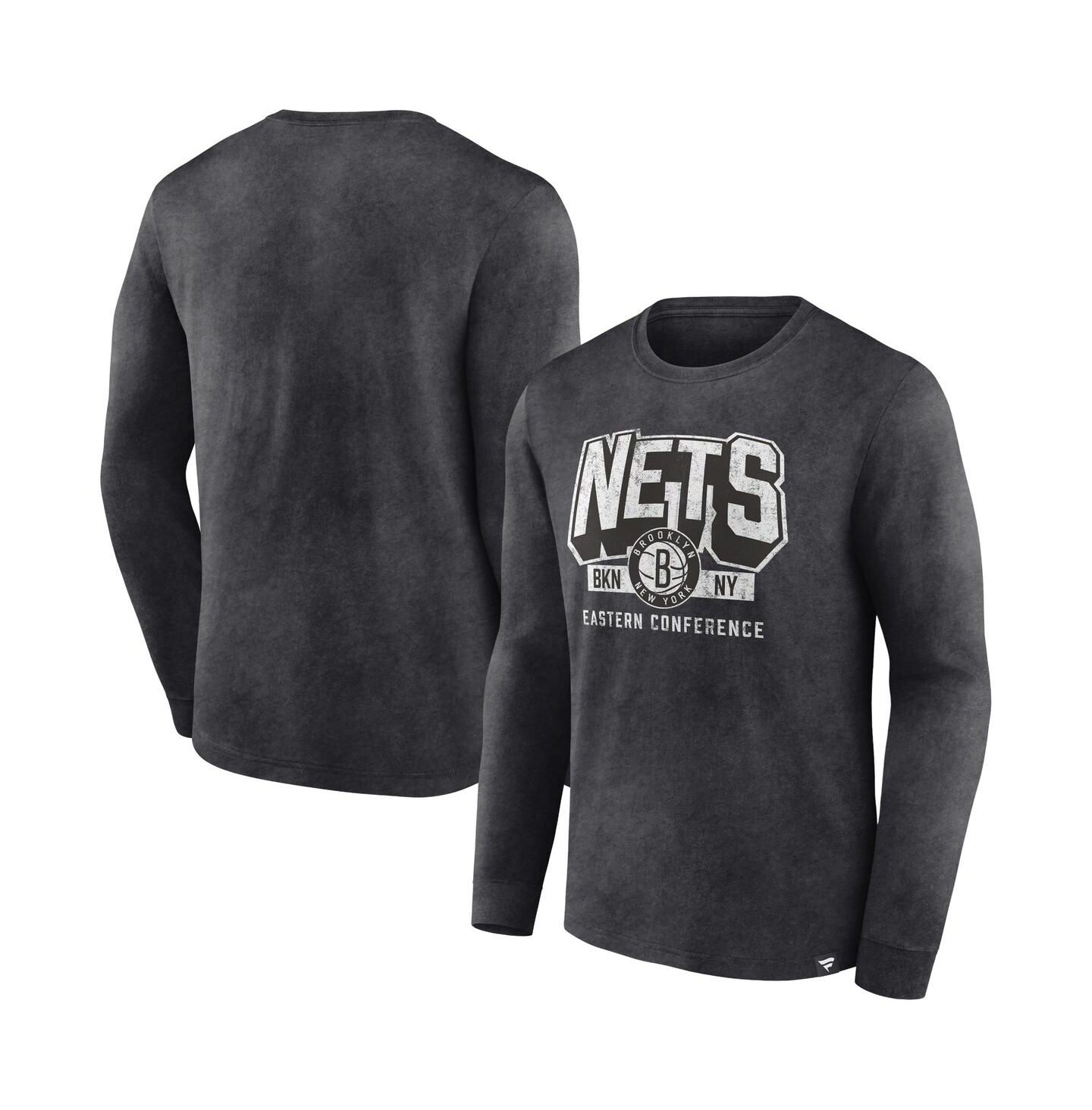 Мужская футболка Fanatics Heather Charcoal Distressed Brooklyn Nets Front Court Press Snow Wash Long Sleeve — фото 1