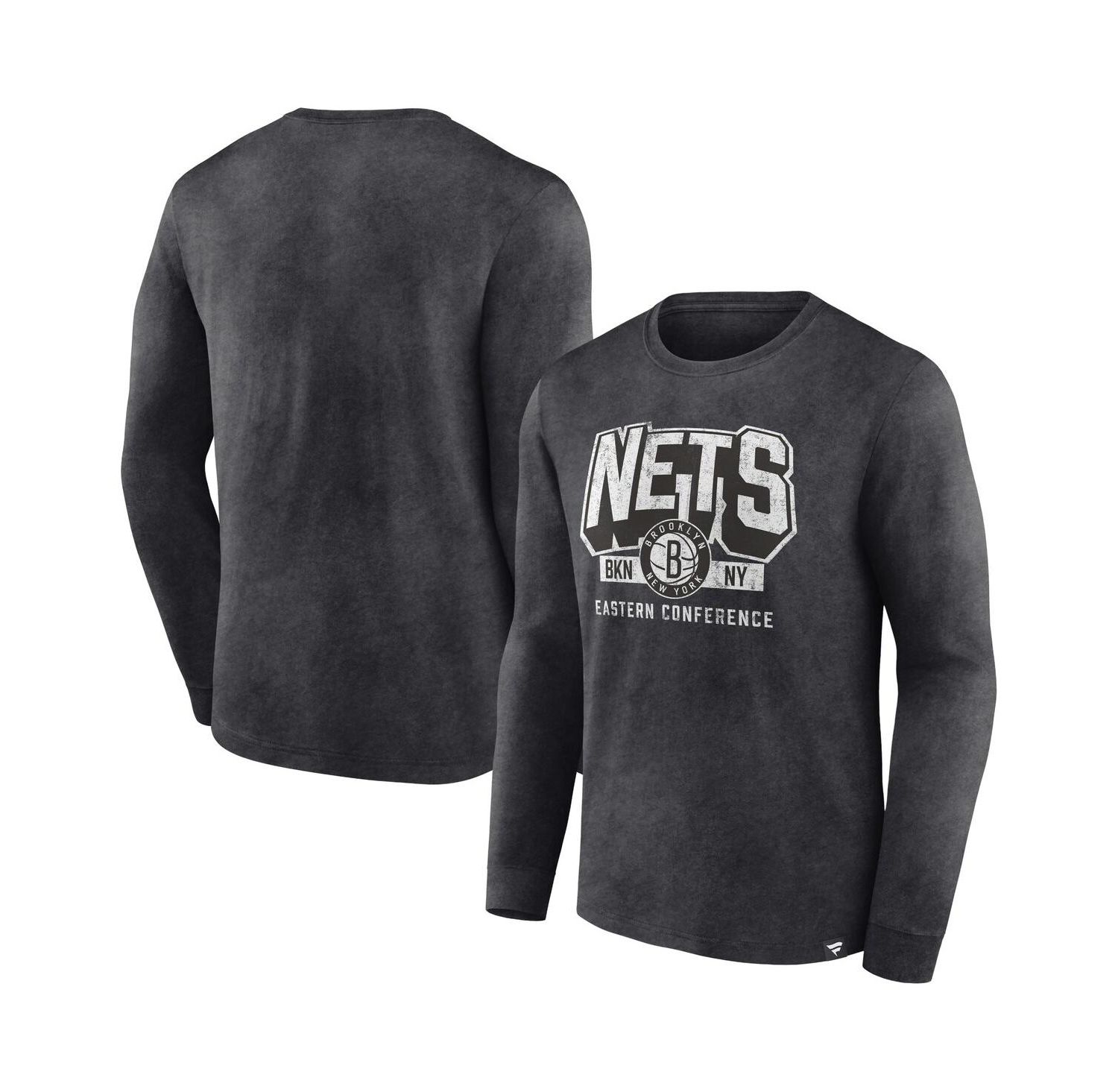 Men's Heather Charcoal Distressed Brooklyn Nets Front Court Press Snow Wash Long Sleeve T-shirt