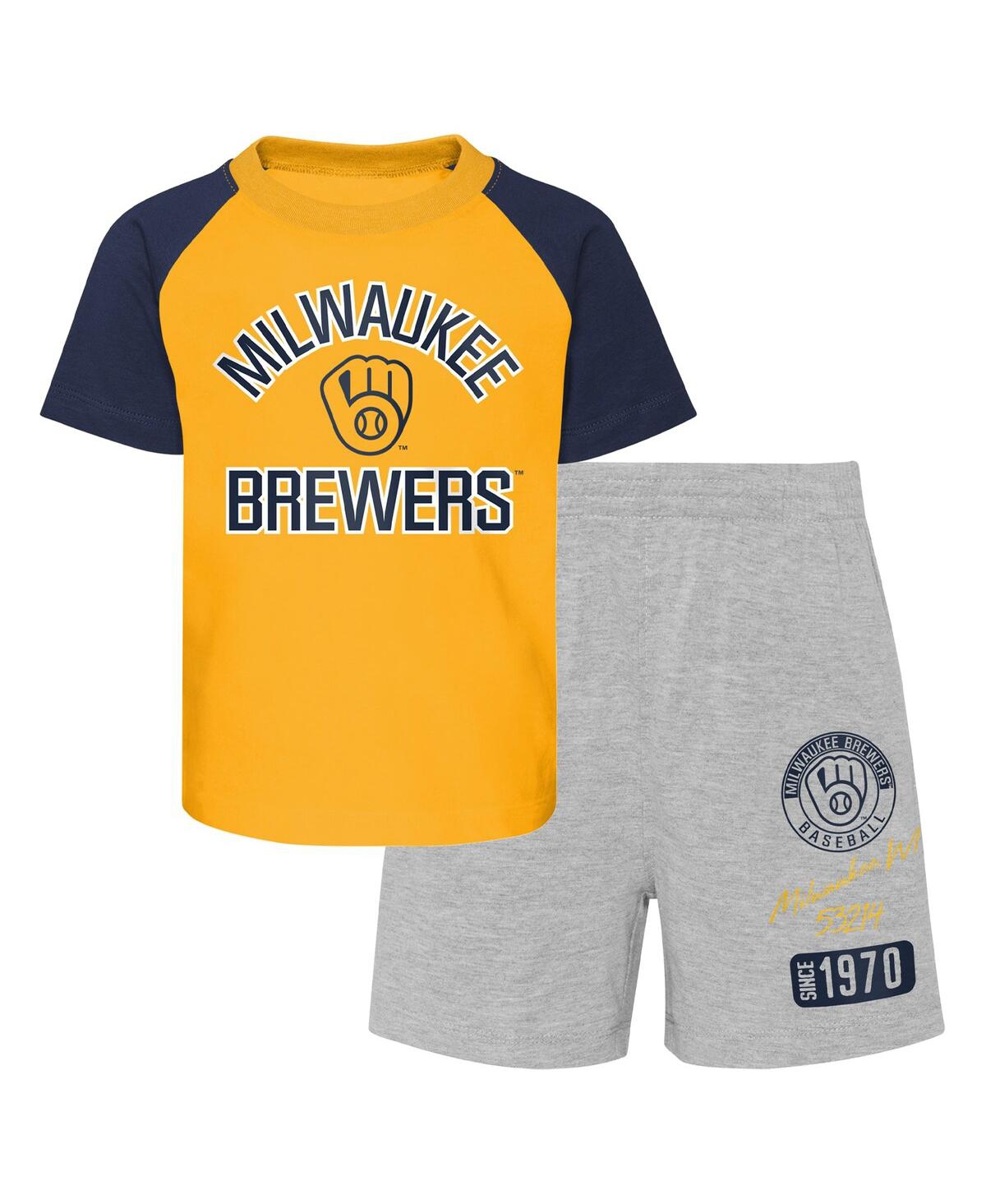 Shop Outerstuff Baby Boys And Girls Gold, Heather Gray Milwaukee Brewers Ground Out Baller Raglan T-shirt And Shorts In Gold,heather Gray