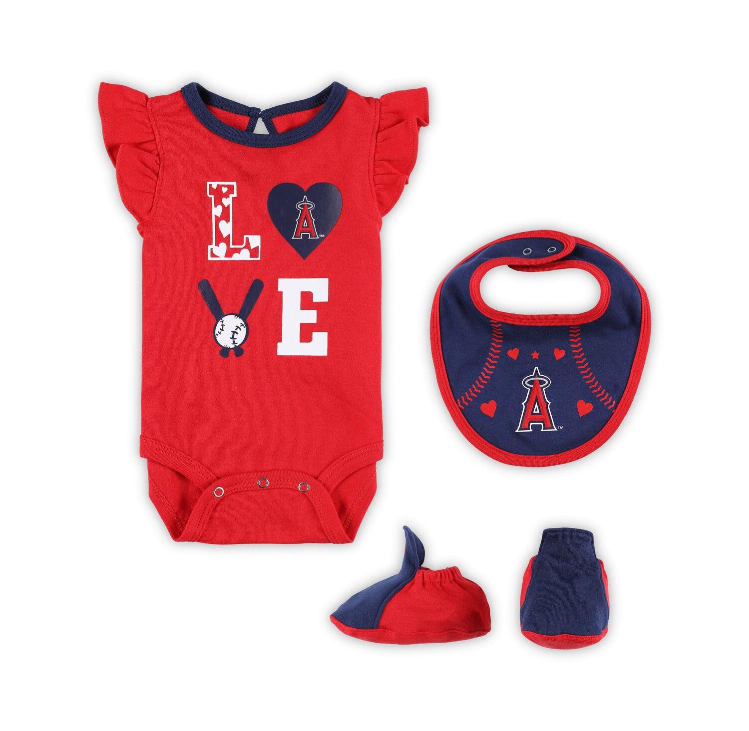 Baby Boys and Girls Red, Navy Los Angeles Angels Three-Piece Love of Baseball Bib Bodysuit and Booties Set
