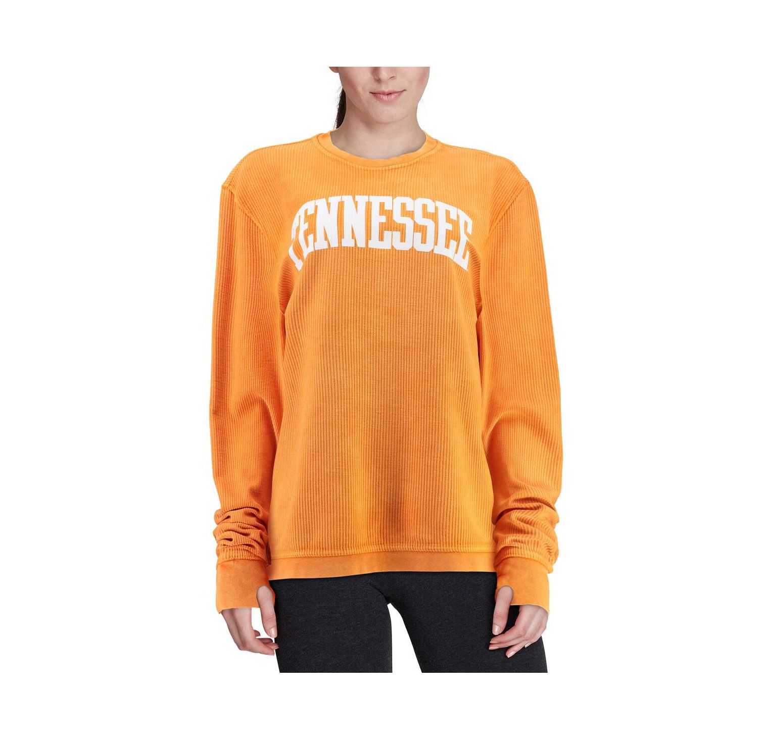 Women's Tennessee Orange Distressed Tennessee Volunteers Comfy Cord Vintage-Like Wash Basic Arch Pullover Sweatshirt
