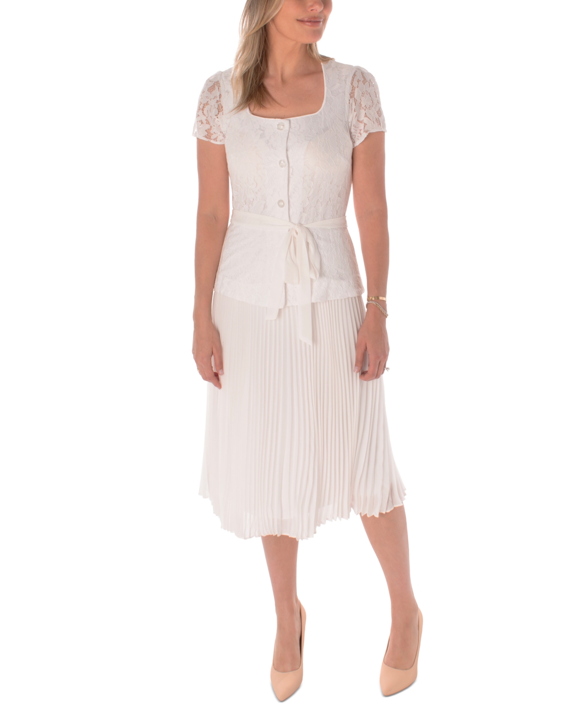Women's Lace-Bodice Pleated Dress - Ivory