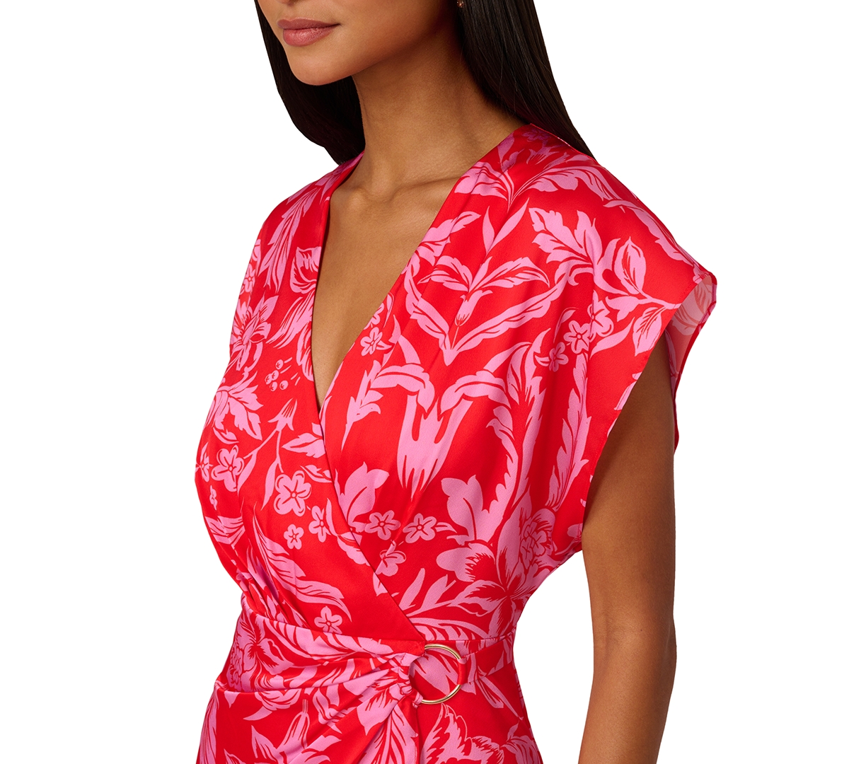 Shop Adrianna By Adrianna Papell Women's Floral-print Faux-wrap Dress In Red,pink
