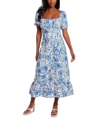 London Times - Women's Puff-Sleeve Ruched Smocked-Back Empire Midi Dress