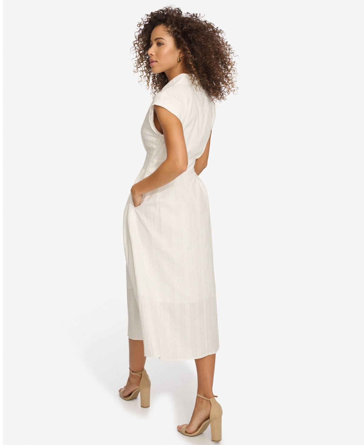Shop Kensie Women's Textured-stripe Collared Midi Dress In White