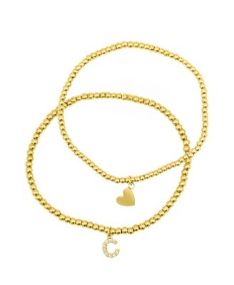 14K Gold-Plated Stretch Bracelet Set with Mini Crystal Initial