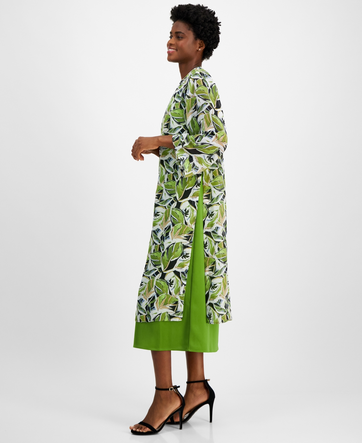 Anne Klein Women's Printed Open-Front Long-Sleeve Duster -Bay