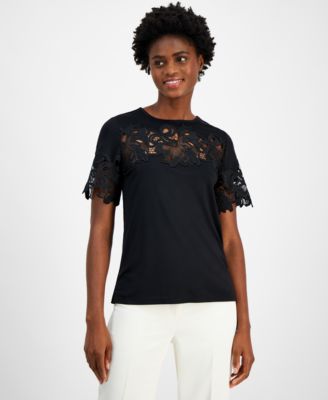Anne Klein - Women's Harmony Lace-Trim Short-Sleeve Top