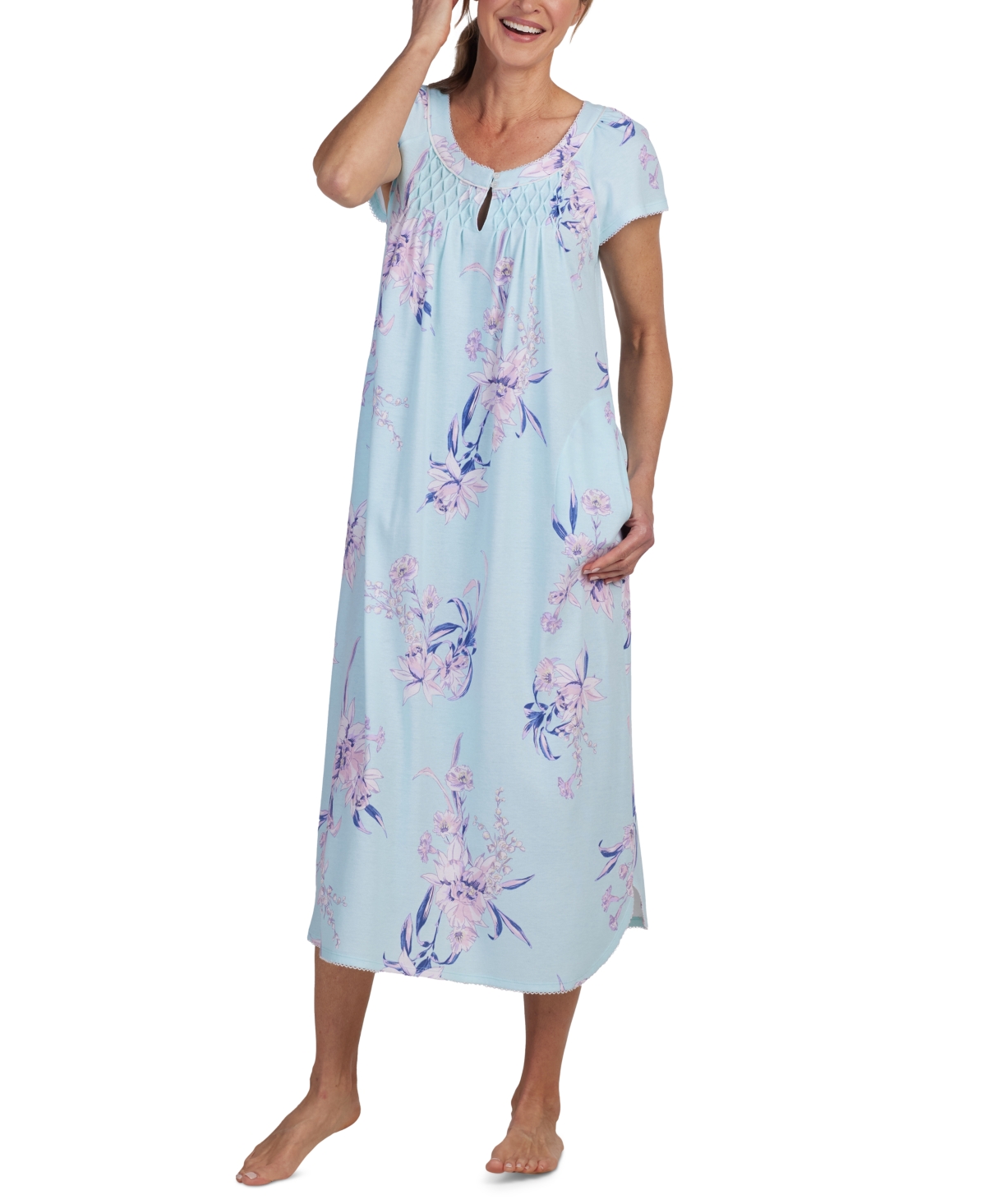 Women's Gathered Floral Nightgown - Aqua Blue