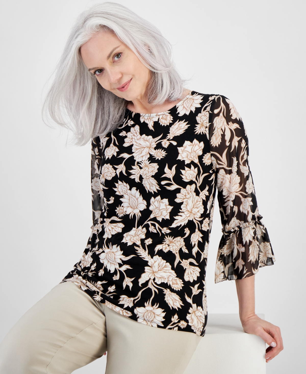 Shop Jm Collection Women's Printed Ruffled-sleeve Top, Created For Macy's In Deep Black Combo