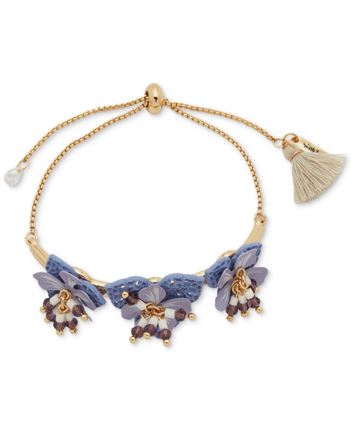 Gold-Tone Beaded 3D Openwork Flower Slider Bracelet - Purple