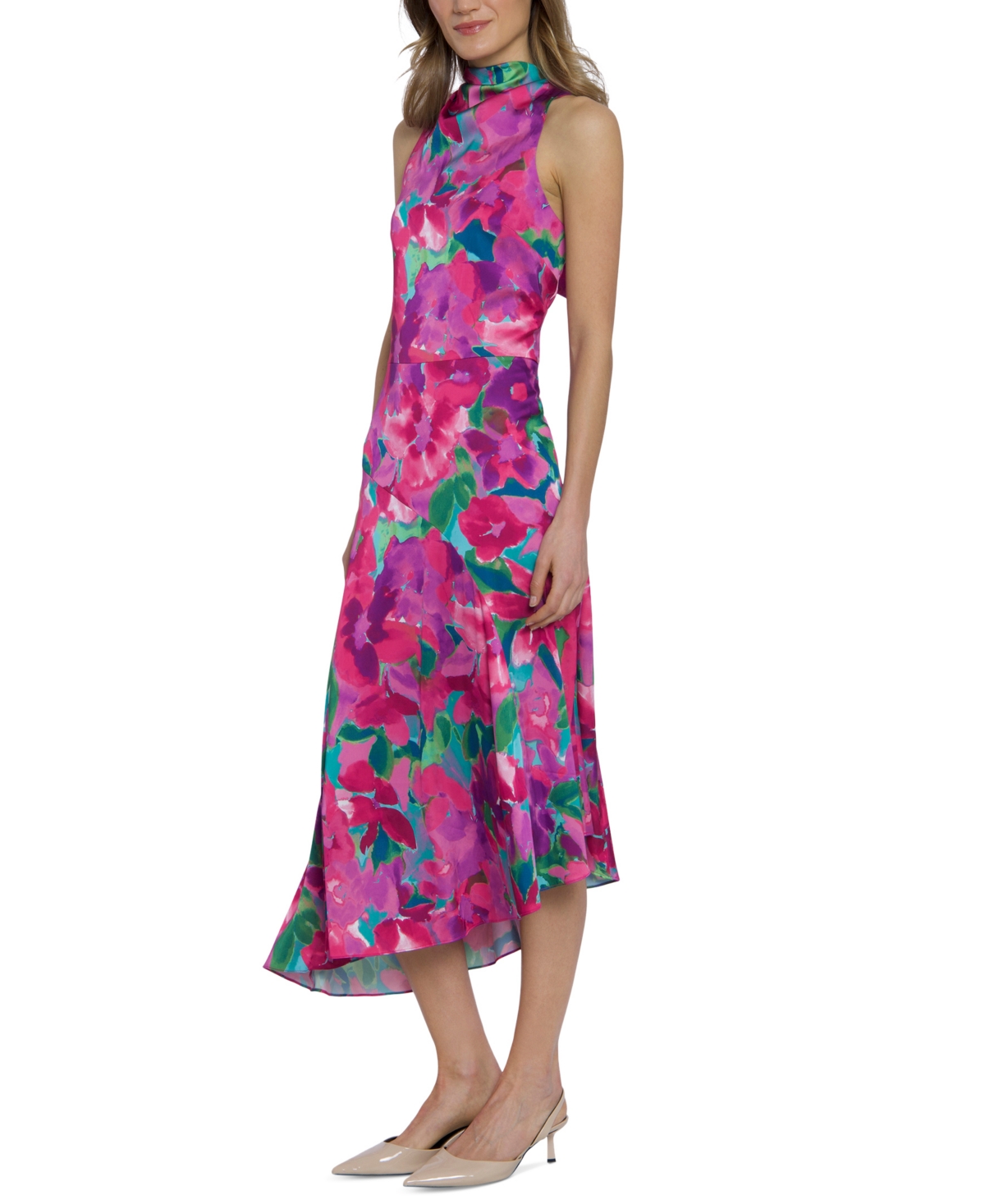 Shop Maggy London Women's Floral Cowlneck Asymmetric Dress In Aqua,pink