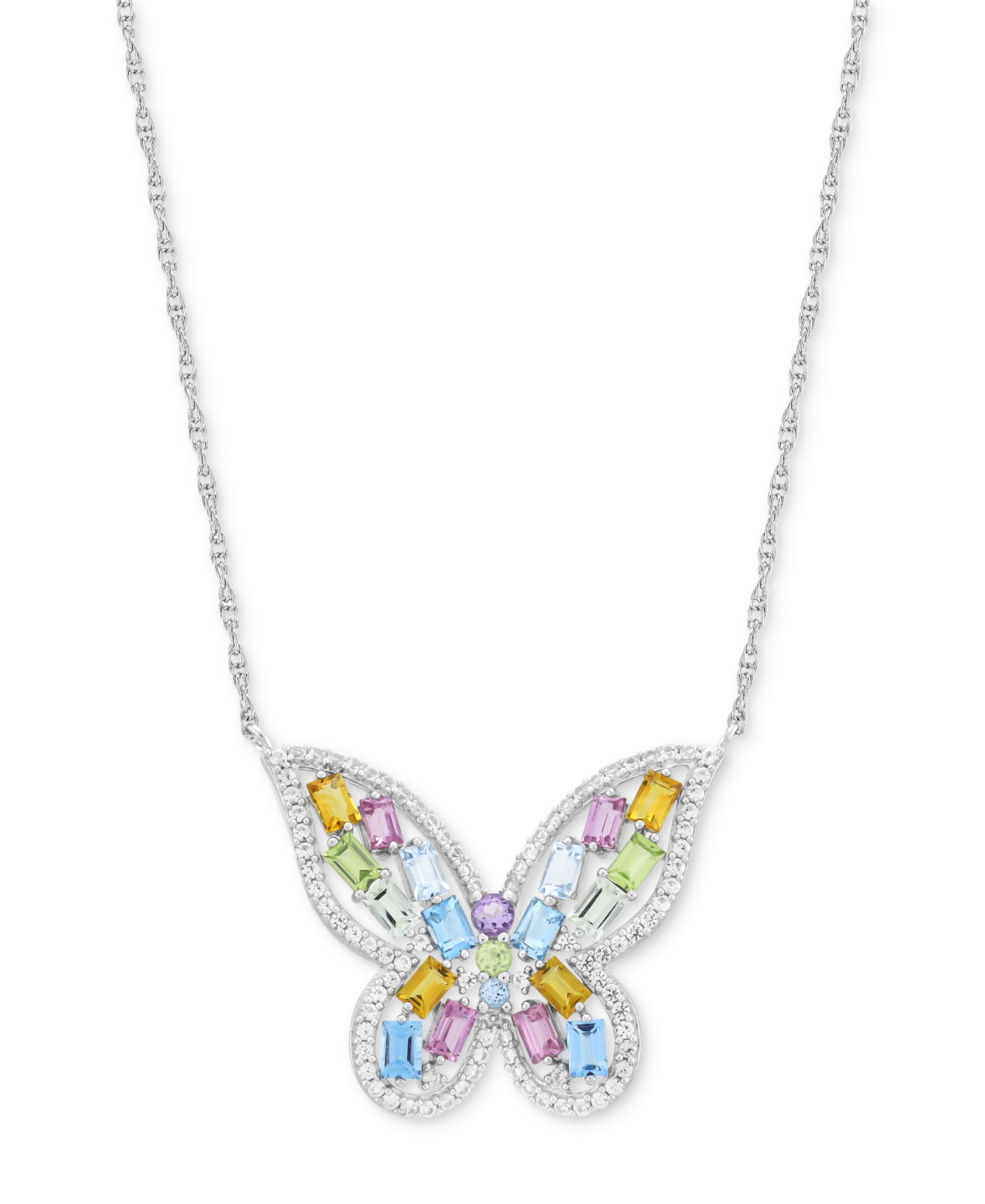 Multi-Gemstone Butterfly 18" Pendant Necklace in Sterling Silver - Multi