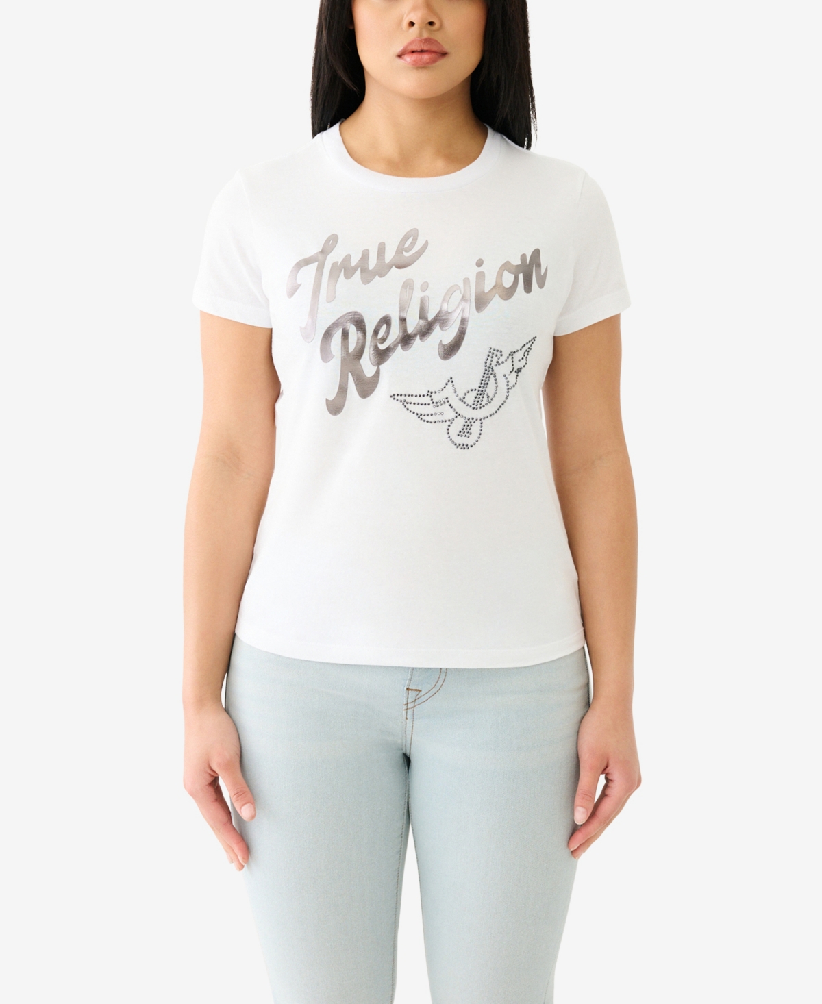 True Religion Women's Shorts Sleeve Vintage-like Foil Crewneck T-shirt In Optic White