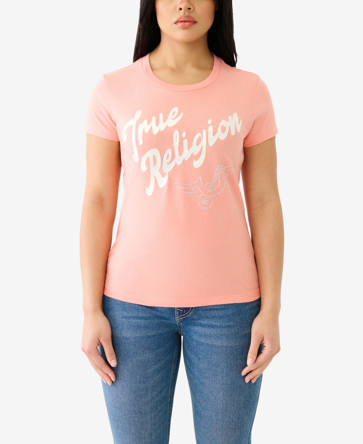 True Religion Women's Shorts Sleeve Vintage-like Foil Crewneck T-shirt In Burnt Coral
