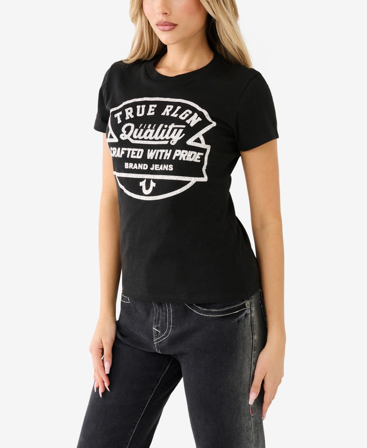 Shop True Religion Women's Shorts Sleeve Crystal Logo Crew T-shirt In Jet Black