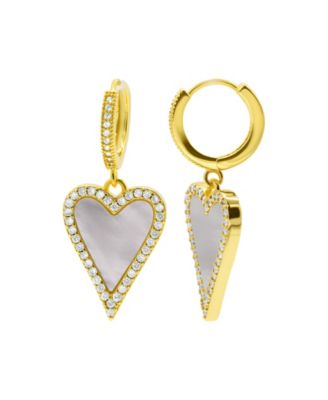 14K Gold-Plated White Mother-of-Pearl Crystal Halo Heart Drop Huggie Earrings