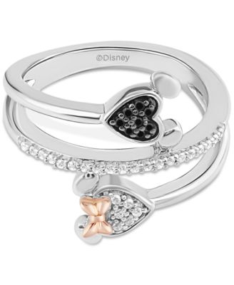Wonder Fine Jewelry Disney Black & White Diamond Minnie & Mickey Mouse Wrap Ring (1/6 ct. t.w.) in Sterling Silver & Rose Gold-Plate