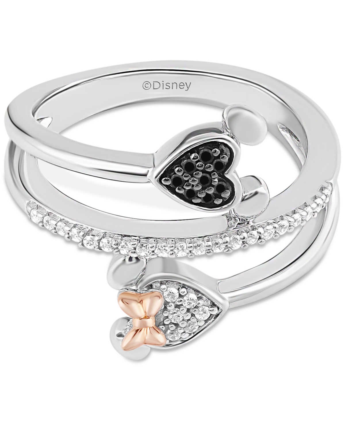 Disney Wonder Fine Jewelry Black & White Diamond Minnie & Mickey Mouse Wrap Ring (1/6 ct. t.w.) in Sterling Silver & Rose Gold-Plate - Sterling Silver