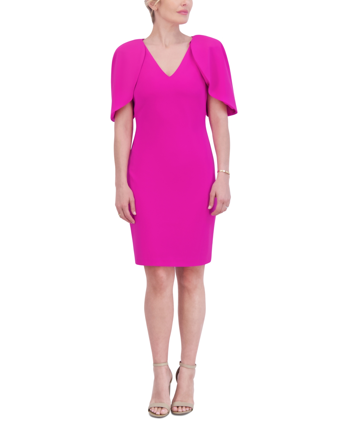 Women's V-Neck Puff-Sleeve Sheath Dress - Pink