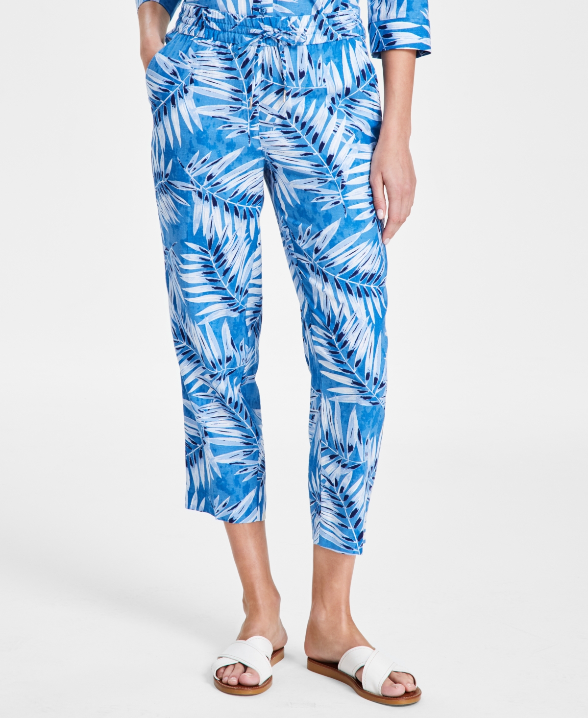 Women's Drawstring-Waist Straight-Leg Cropped Pants - Blue Lagoon/Jones White