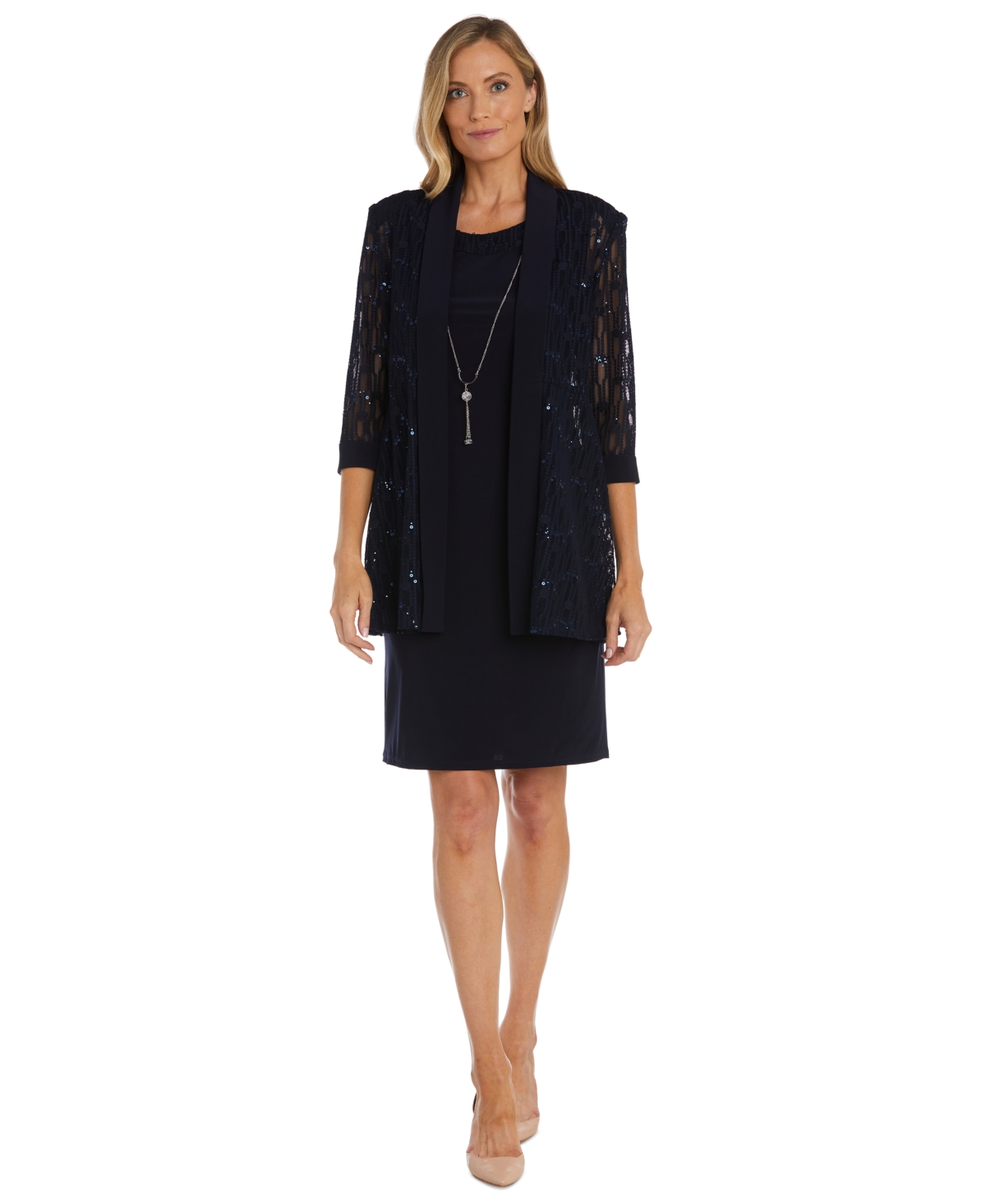 Shop R & M Richards Petite Sequin Mesh Jacket And Sequin-trim Sleeveless Dress In Navy