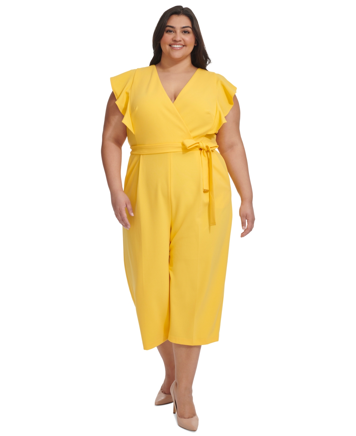 Shop Tommy Hilfiger Plus Size Flutter-sleeve Cropped Jumpsuit In Daffodil