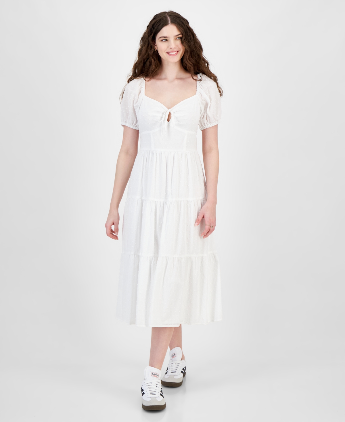 Shop Kingston Grey Juniors' Textured Puff-sleeve Tiered Midi Dress In Ivory